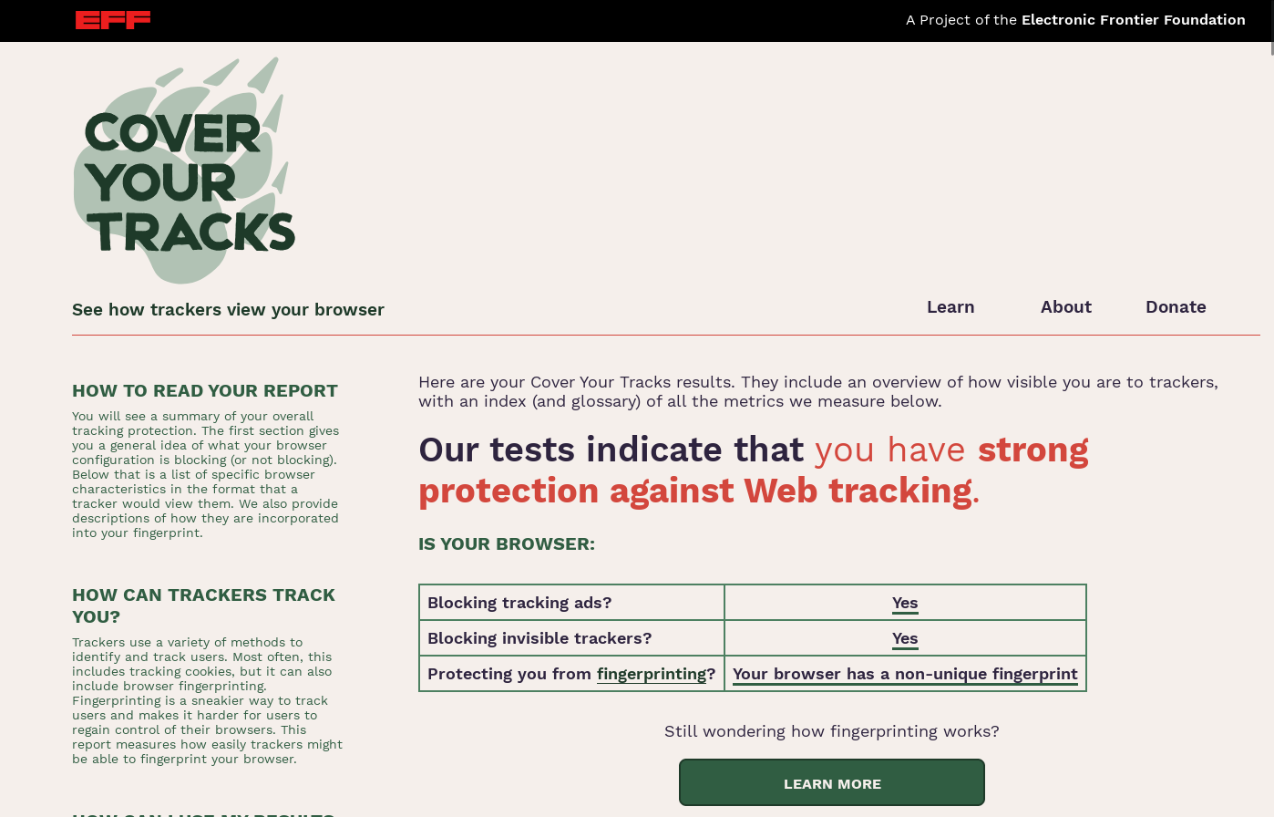 Cover Your Tracks result: &ldquo;strong protection against Web tracking&rdquo; — blocking tracking ads and invisible trackers, with a non-unique fingerprint
