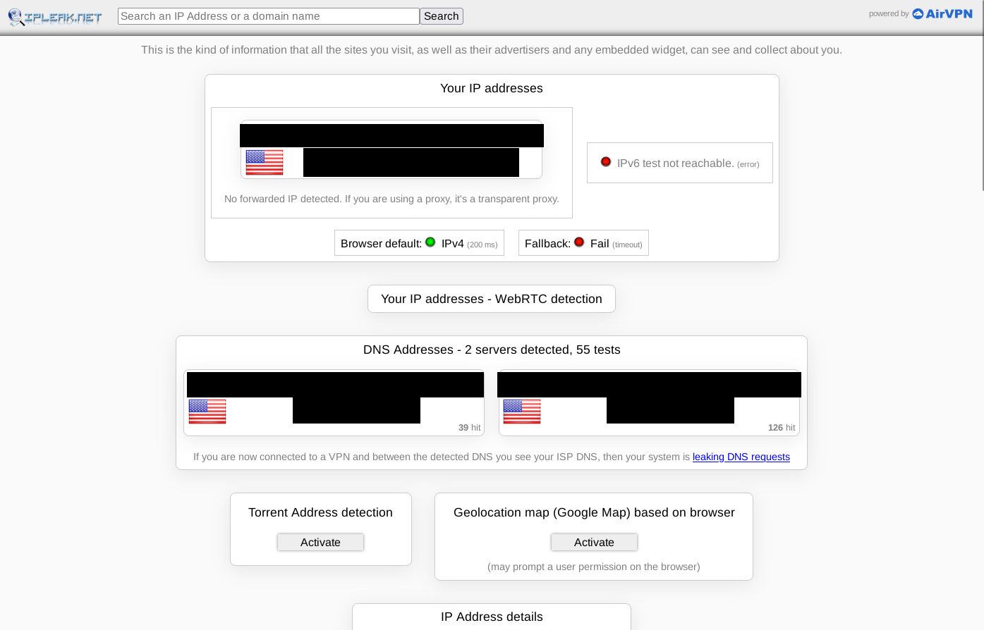 ipleak.net showing your IP address, DNS servers, and WebRTC leak test (the real values are redacted in this example)