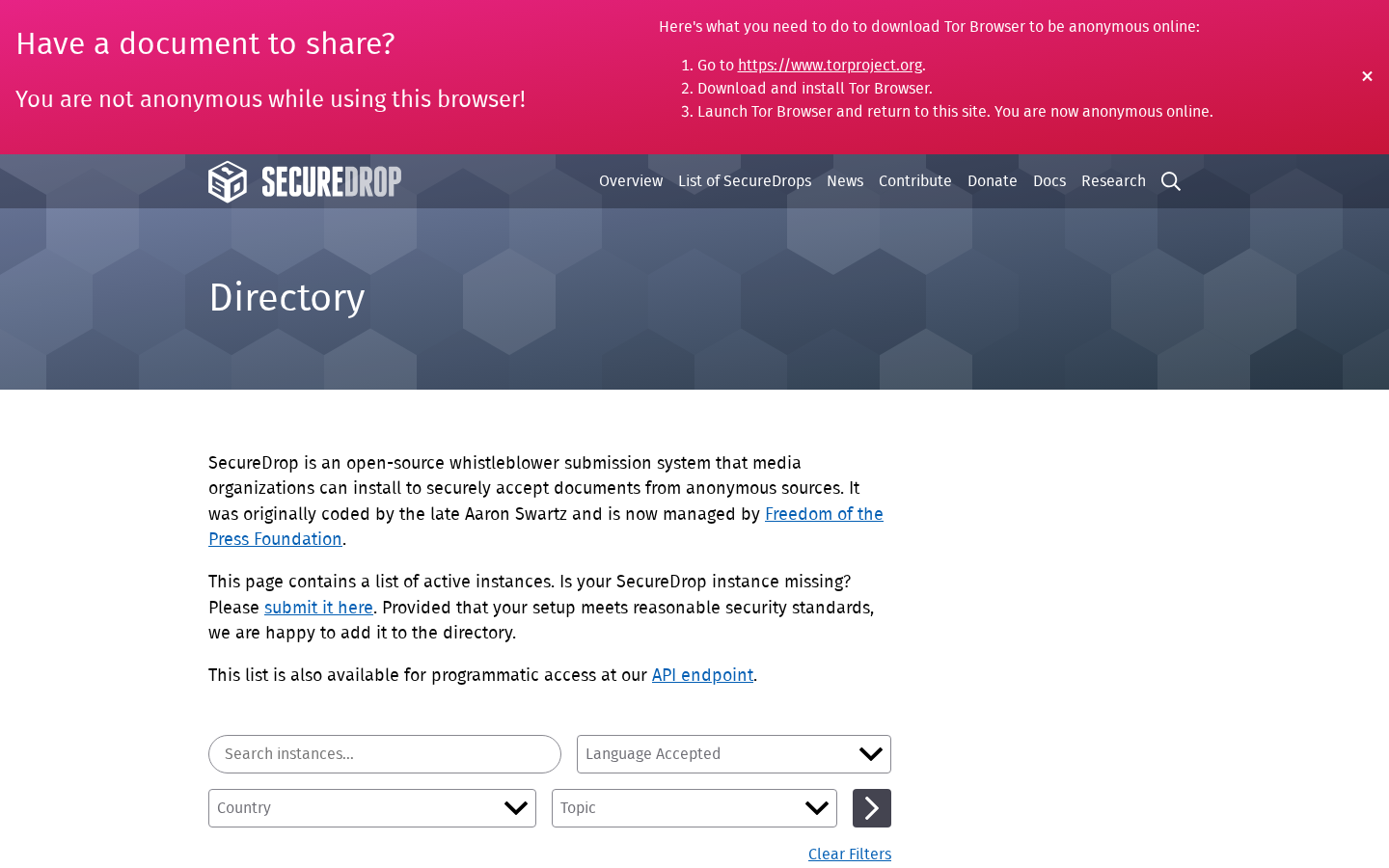 SecureDrop directory of verified instances
